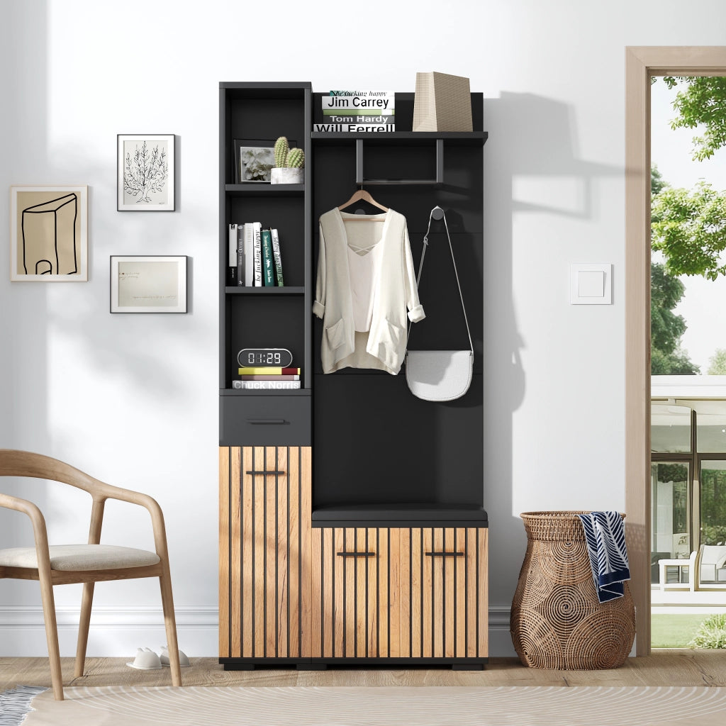 Mobile ingresso con 2 armadi; cassetto e 2 ganci - 80x35x175 cm - nero e legno