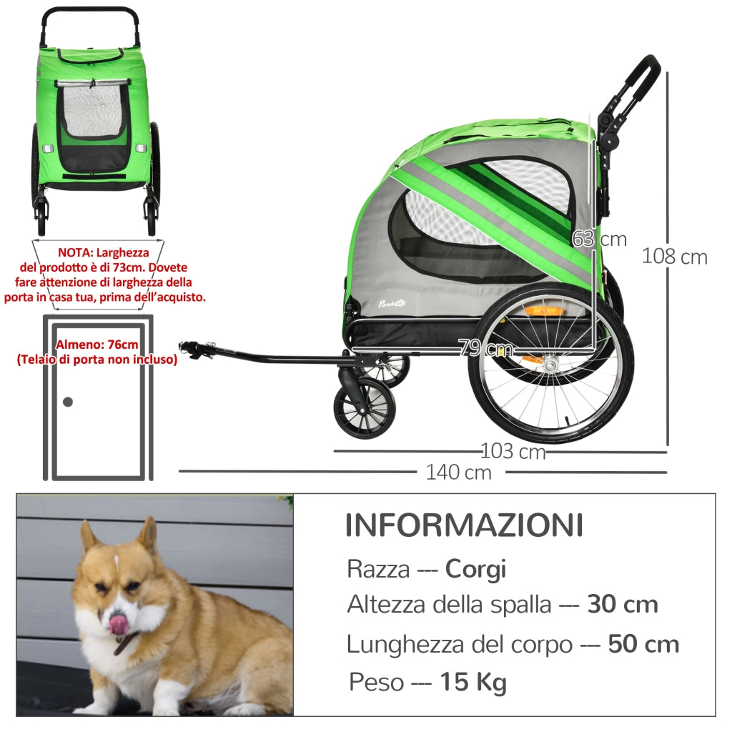Rimorchio Bici e Passeggino per Cani 2 in 1, Carrello Bici in Acciaio e Tessuto Oxford con Catarifrangenti e Bandierina, Verde