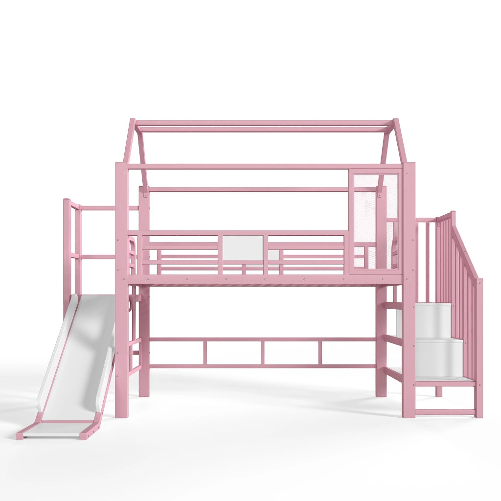 Letto a soppalco per bambini rosa a casetta con scivolo; LED Bluetooth; 90 x 200 cm