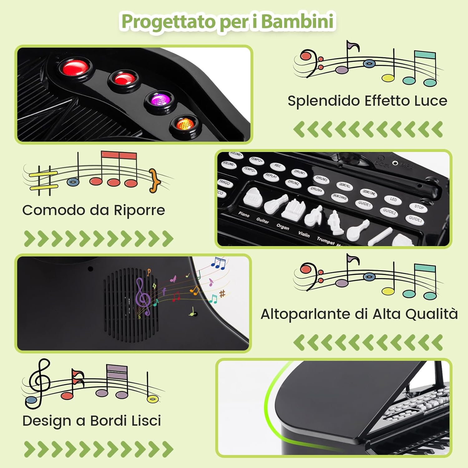Pianoforte per Bambini a 37 Tasti, Set Pianoforte con Microfono Regolabile, Pianoforte con Funzione di Registrazione e Riproduzione, Giocattolo Tastiera Musicale per Bambini 3+ Anni (Nero)
