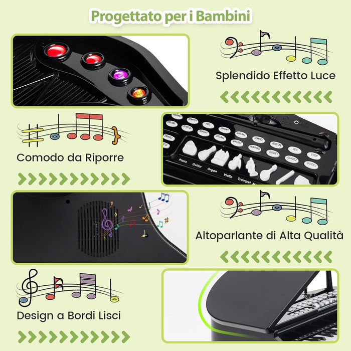 Pianoforte per Bambini a 37 Tasti, Set Pianoforte con Microfono Regolabile, Pianoforte con Funzione di Registrazione e Riproduzione, Giocattolo Tastiera Musicale per Bambini 3+ Anni (Nero)