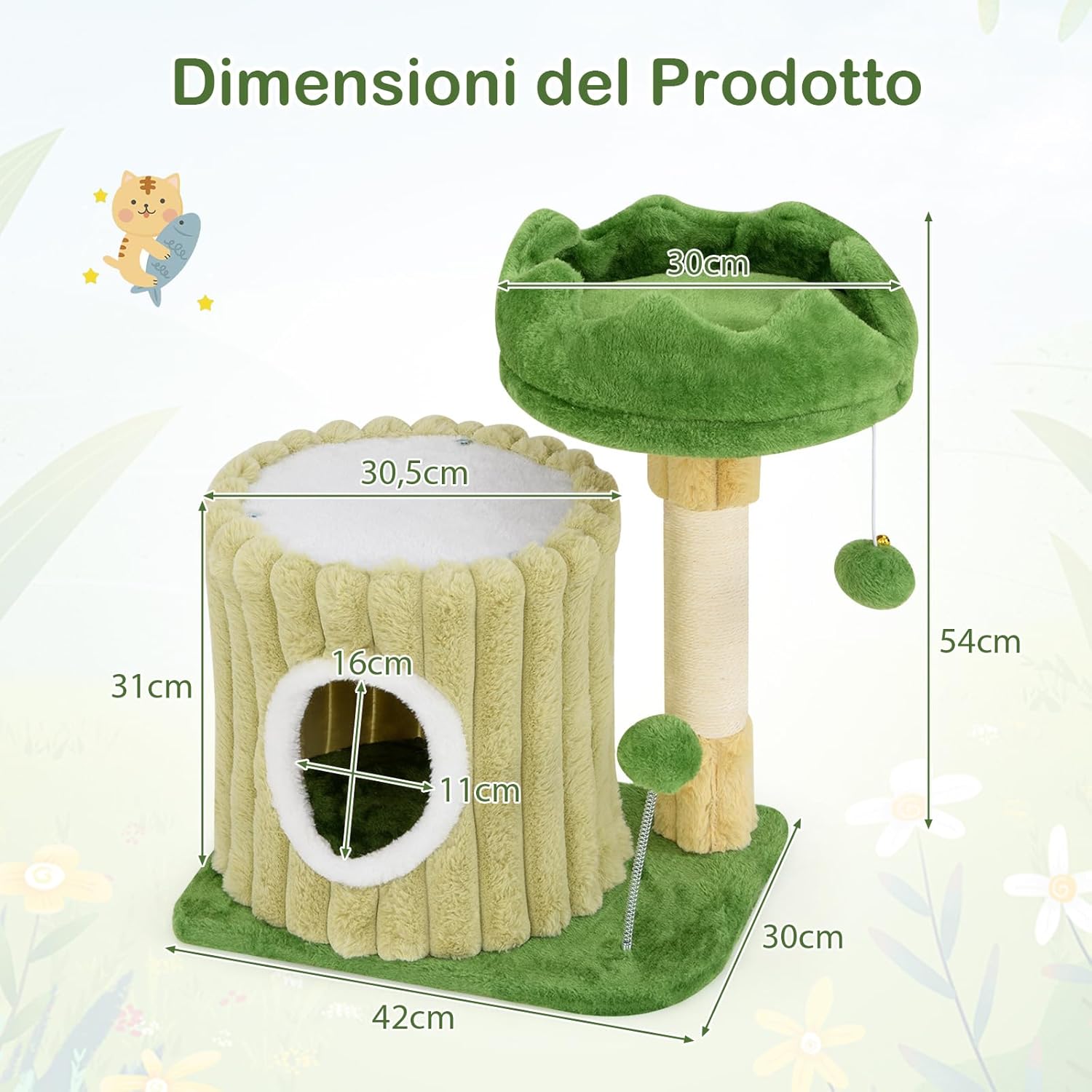 Tiragraffi per Gatti 50 x 41 x 54 cm, Torre Moderno con Pali in Sisal, Piattaforma Imbottita e Pallina Penzolante, Cuccia per Animali Domestici, Verde e Naturale