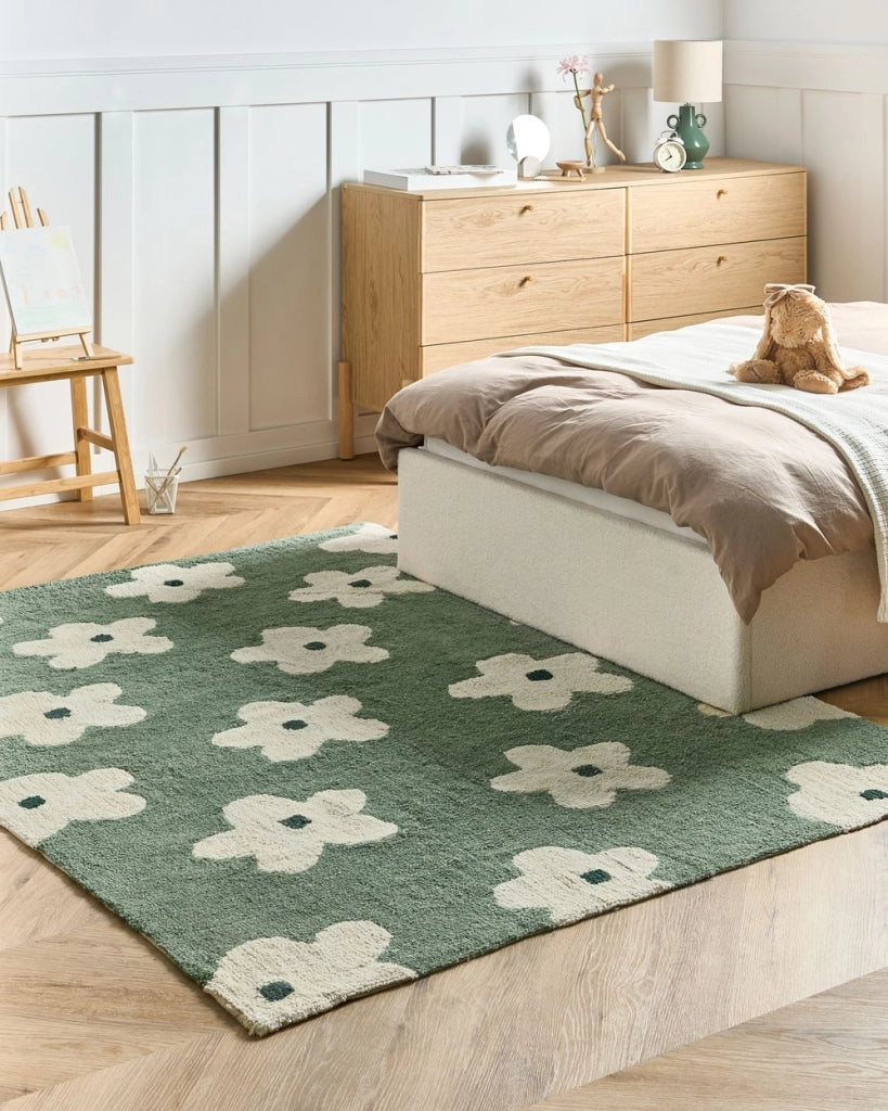 Tappeto verde in cotone 160 x 230 cm con motivi floreali decorativi in stile bohémien Soggiorno Bambini Camera dei bambini