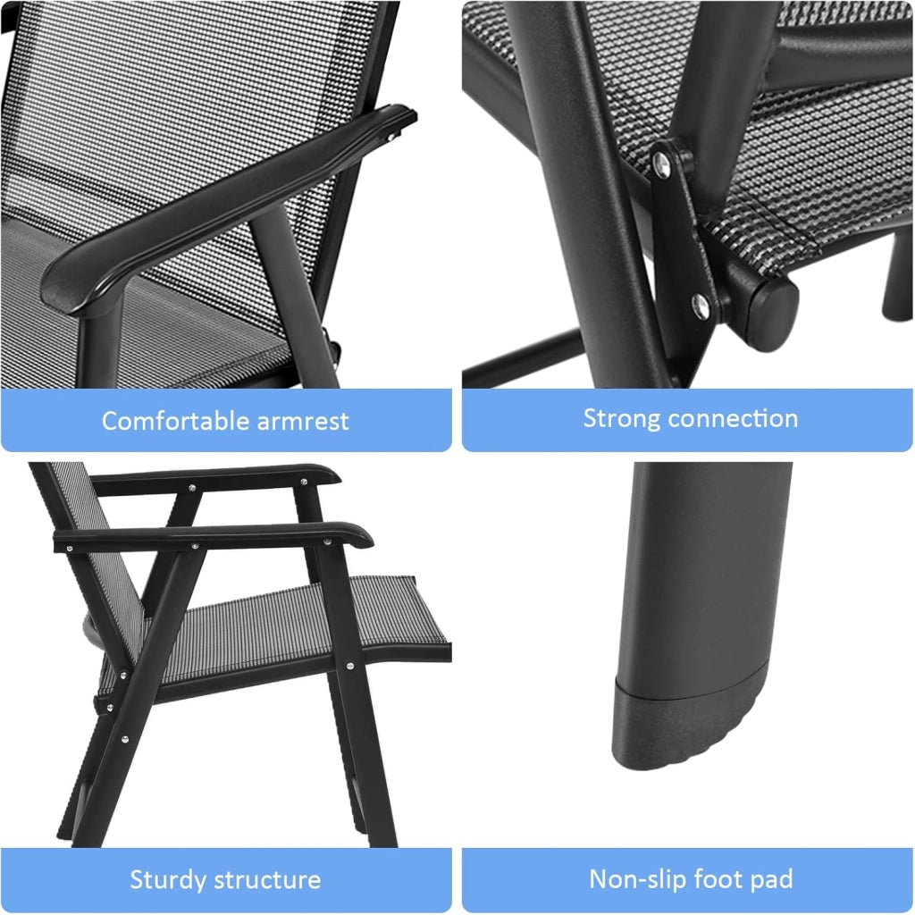 Set di 2 sedie pieghevoli, con schienale alto, da giardino, in metallo, con braccioli e schienale, resistente alle intemperie, portata fino a 110 kg (grigio)