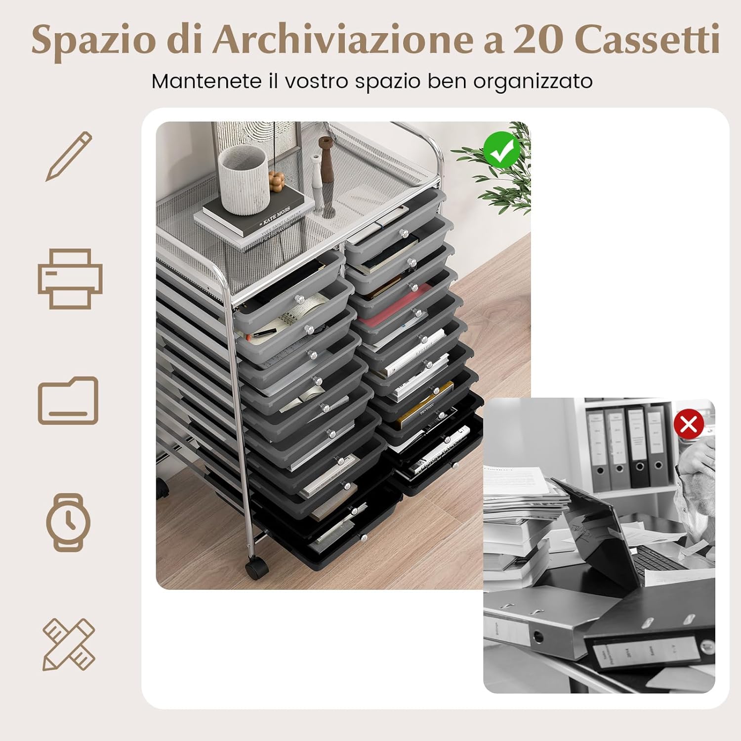 Carrello di Stoccaggio con 20 Cassetti, Carrello portaoggetti con 4 Ruote, Carrello Multiuso per Scuola Ufficio Cucina, 64 x 39 x 88 cm (Nero sfumato)