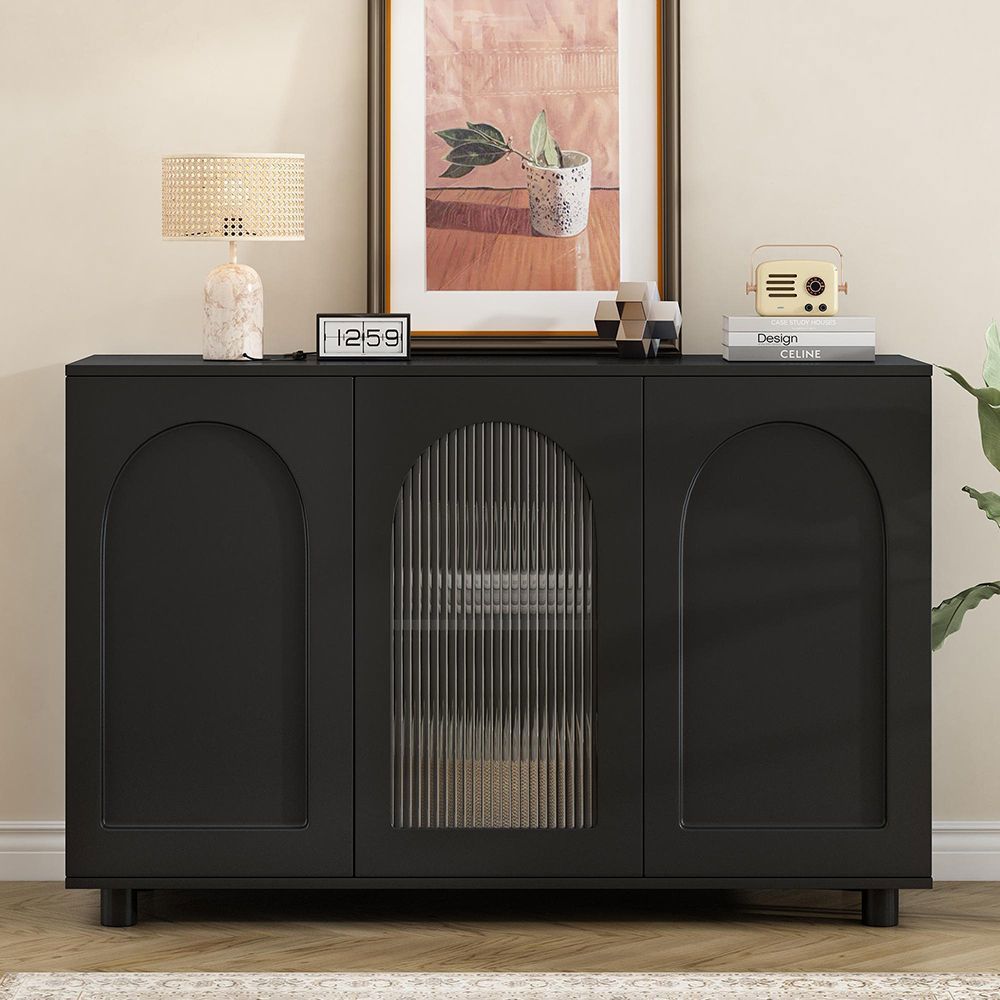 Buffet a forma di U - Xylo - Nero, porta in vetro, design rimbalzante