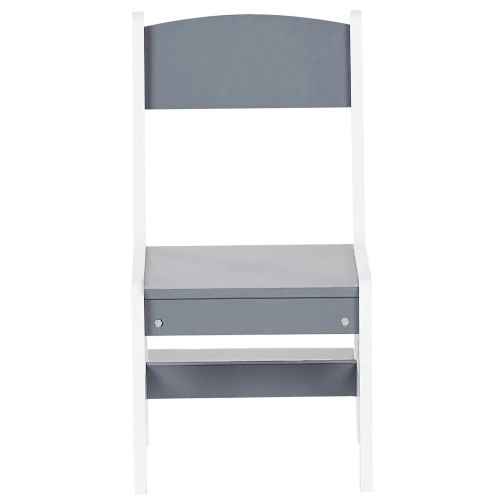 Set per bambini a 2 posti Tavolo con sedie MDF bianco e grigio Due scatole in tessuto non tessuto Cameretta per bambini alla moda