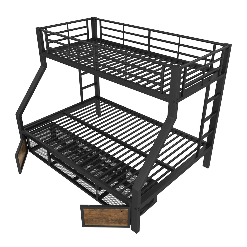 Letto a castello per bambini con scarpiera e vani contenitore; 90x200 cm sopra e 140x200 cm sotto; nero; senza materasso