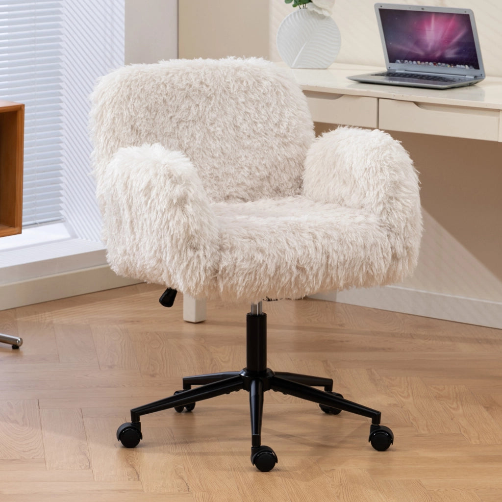 Sedia da ufficio beige in pile di lana con braccioli pieghevoli