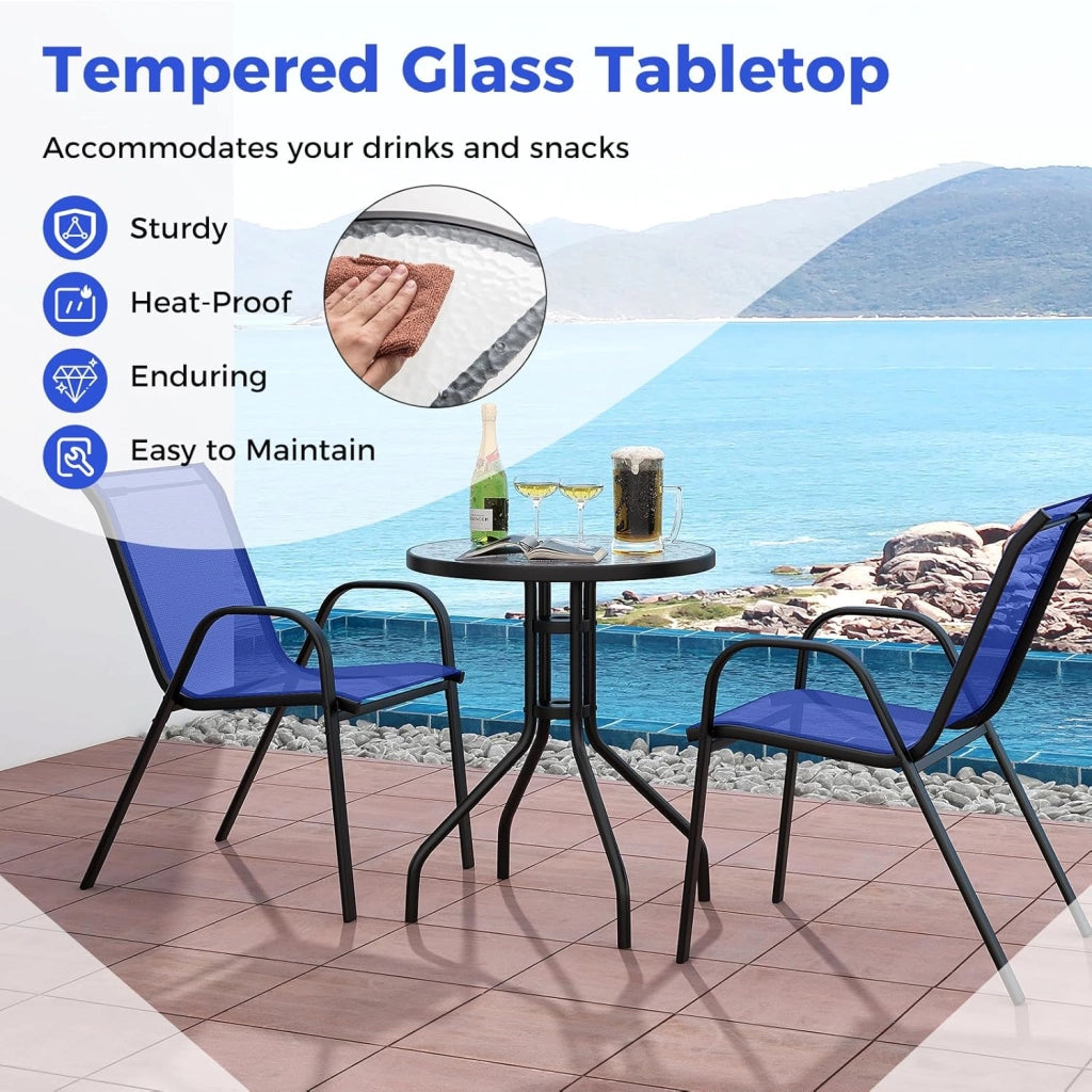 Set di 2 Sedie da Giardino con Tavolo in Vetro, Schienale Alto e Seduta Larga, Telaio in Acciaio Verniciato a Polvere, Tessuto Textilene Traspirante, per Balcone e Esterno (Blu)