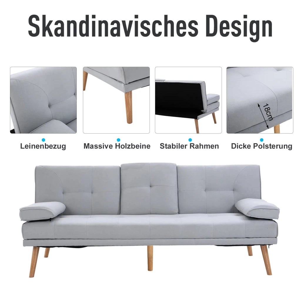 Divano letto, comodo divano letto, 3 posti, divano letto, lino, grigio chiaro, 181x77x72cm