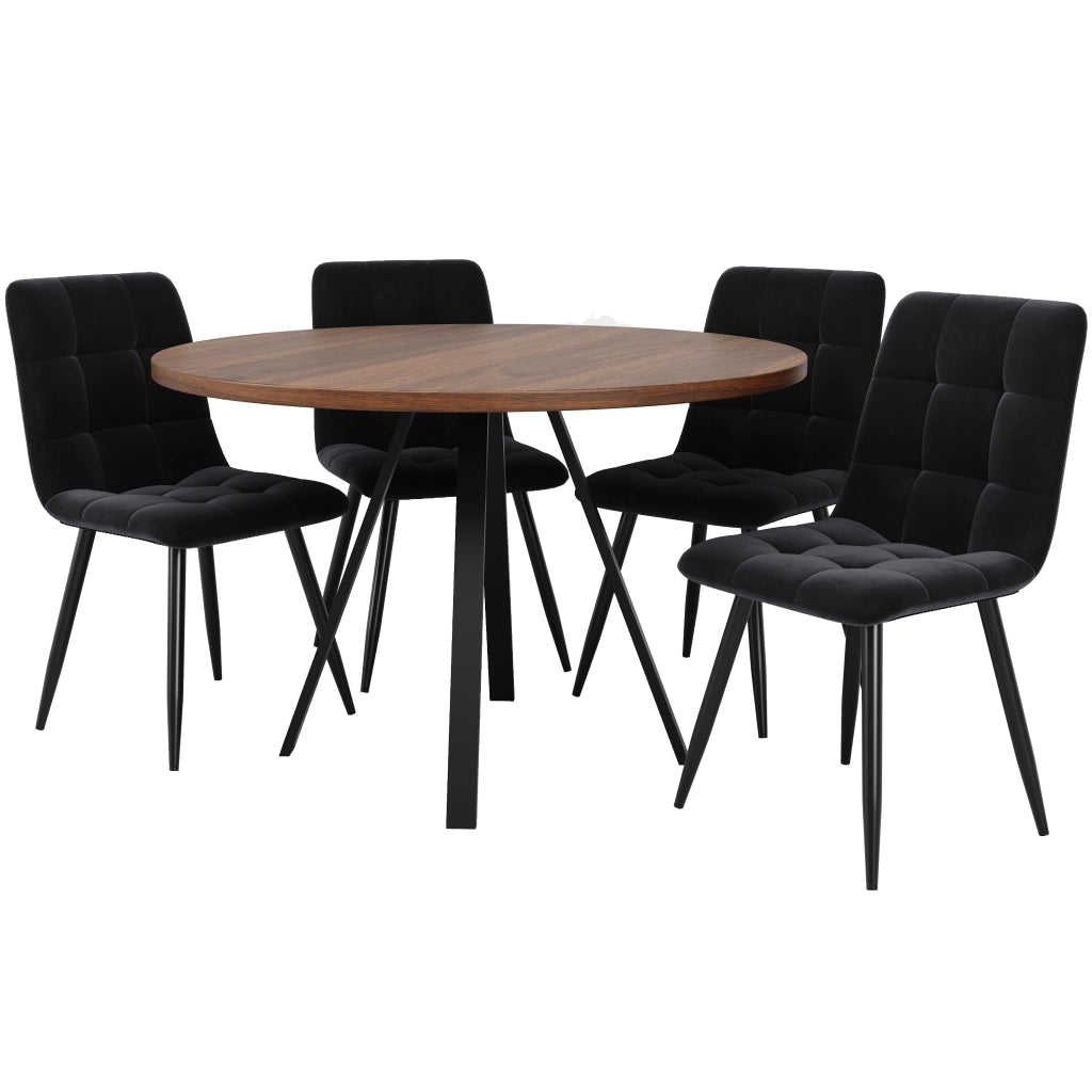 Tavolo da pranzo rotondo con piano in MDF e gambe in ferro colore noce e nero 80 × 80 × 75 cm