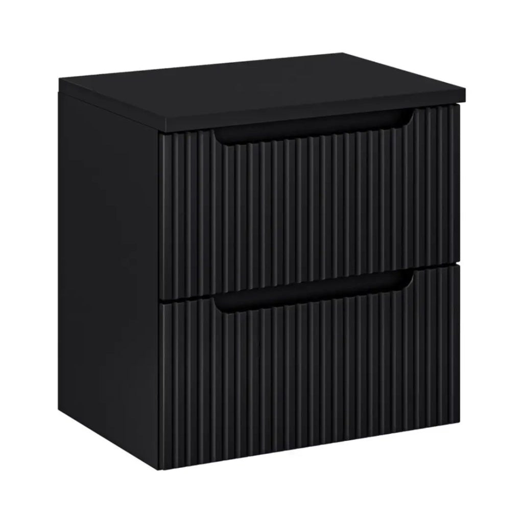 Set da bagno sospeso VANO 60cm: mobile sotto lavabo con cassetti scanalati verticalmente + piano per lavabo in nero opaco