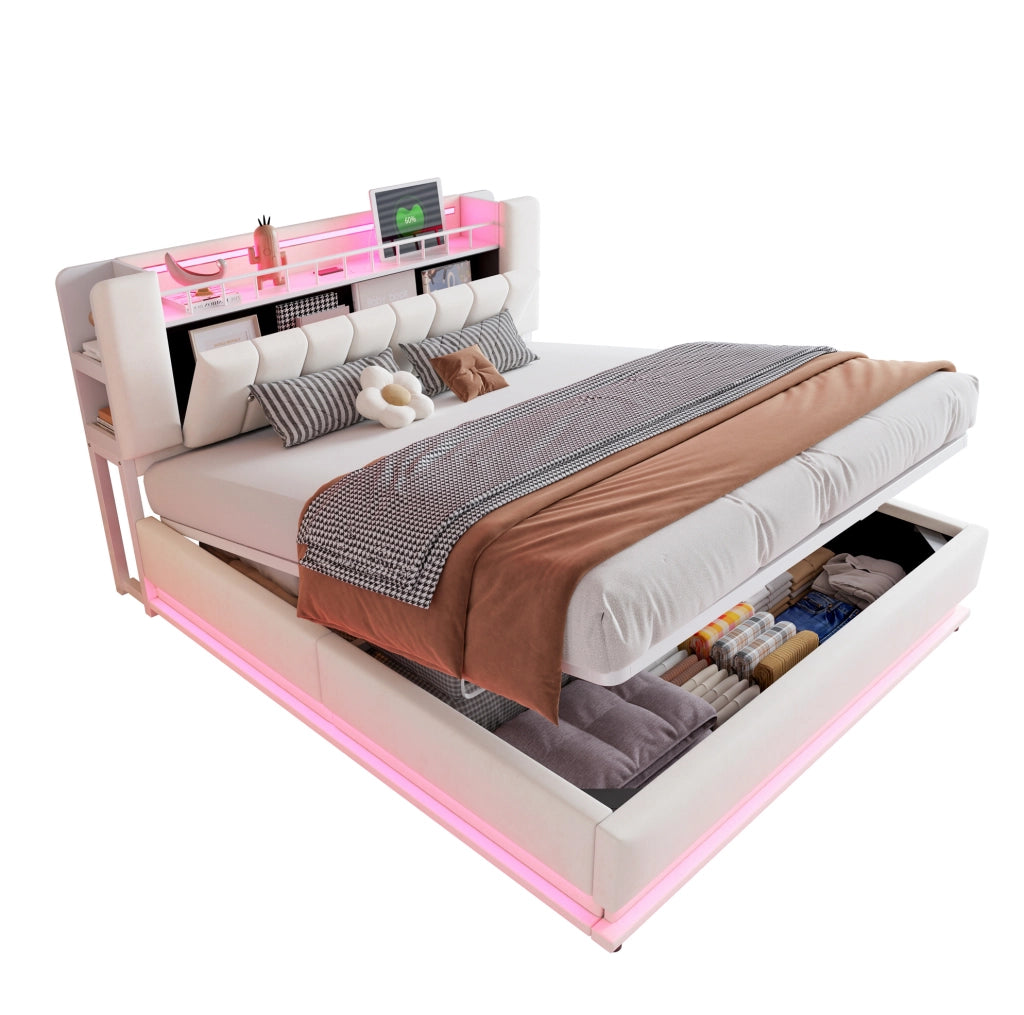 Letto imbottito matrimoniale 180x200 cm con LED; porte USB e contenitore idraulico; beige