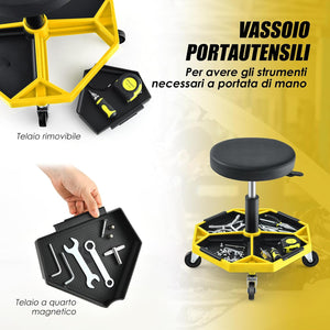 Sgabello da Officina con Ruote, con Ripiano per Attrezzi e Viti, Portata di 150 kg, Altezza Regolabile e Girevole, Sedia Meccanico per Garage, Officina (Giallo)