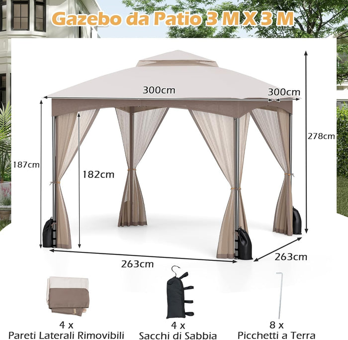 Gazebo da Giardino 3 x 3 m, Gazebo Impermeabile con Rete Mesh Staccabile e Terro Ventilato a Doppio Strato, Tenda Regolabile in Altezza per Feste, BBQ e Picnic (Kaki)