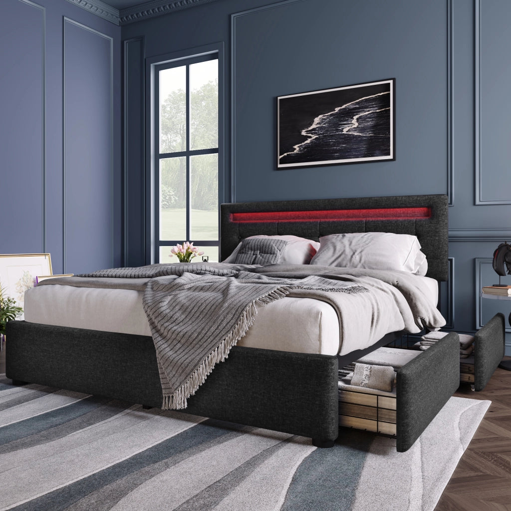 Letto imbottito con LED e 4 cassetti - Zephmum - 140x200 cm - Nero - Testiera regolabile