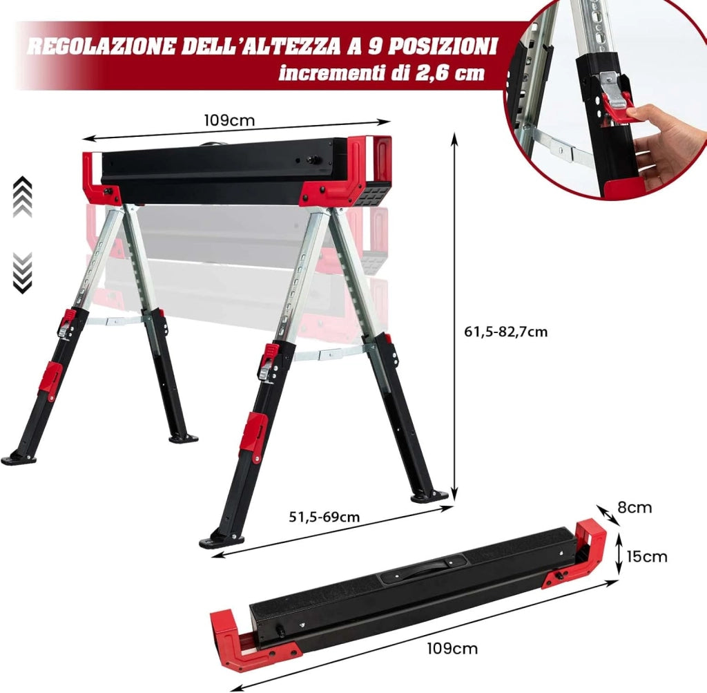 Set di 2 Cavalletti da Lavoro Pieghevoli, Cavalletto per Segare la Legna Regolabile in 9 Livelli, Cavalletto per Uso Interno ed Esterno, Carico Fino a 1180 kg (Modello 3)