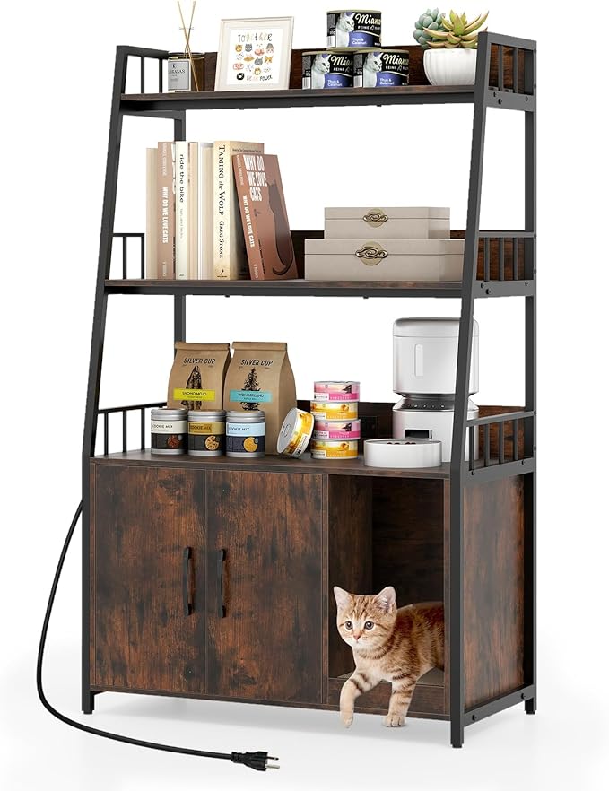 Mobile Lettiera per Gatti 80 x 40 x 132 cm, Credenza Soggiorno con Ripiani di Stoccaggio, Tiragraffi per Gatti, 2 Prese AC e Cuccia, Armadio Salvaspazio per Cuccia e Ingresso (Marrone)