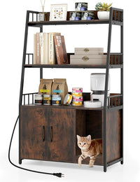 Mobile Lettiera per Gatti 80 x 40 x 132 cm, Credenza Soggiorno con Ripiani di Stoccaggio, Tiragraffi per Gatti, 2 Prese AC e Cuccia, Armadio Salvaspazio per Cuccia e Ingresso (Marrone)