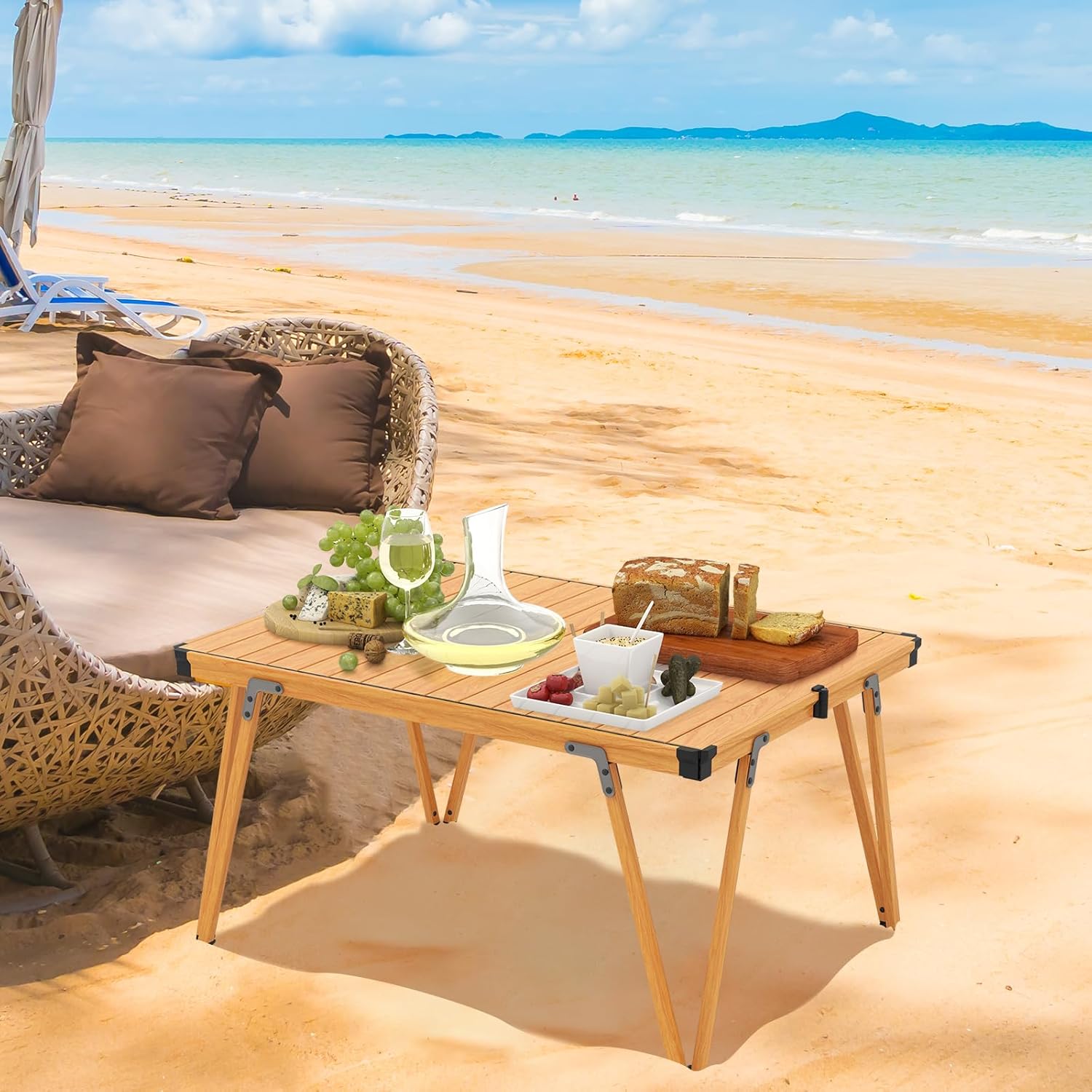 Tavolo da Campeggio Pieghevole, Tavolo da Picnic con Borsa Trasporto e Piano Impermeabile, con Struttura in Alluminio, per Giardino Campeggio, Portata 80 kg (Naturale)