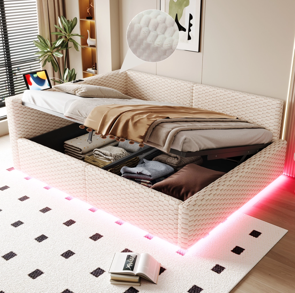 Letto imbottito ULEVR 140x200 cm con contenitore idraulico, LED, 2 USB e Type-C, velluto beige