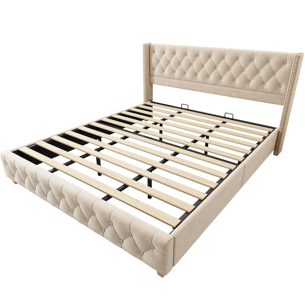 Letto matrimoniale imbottito 180x200 cm in velluto beige chiaro con testiera capitonné