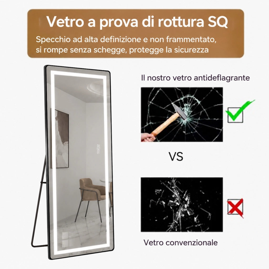 Specchio da terra figura intera LED 163x54 cm con staffa; cornice sottile in lega di alluminio nera