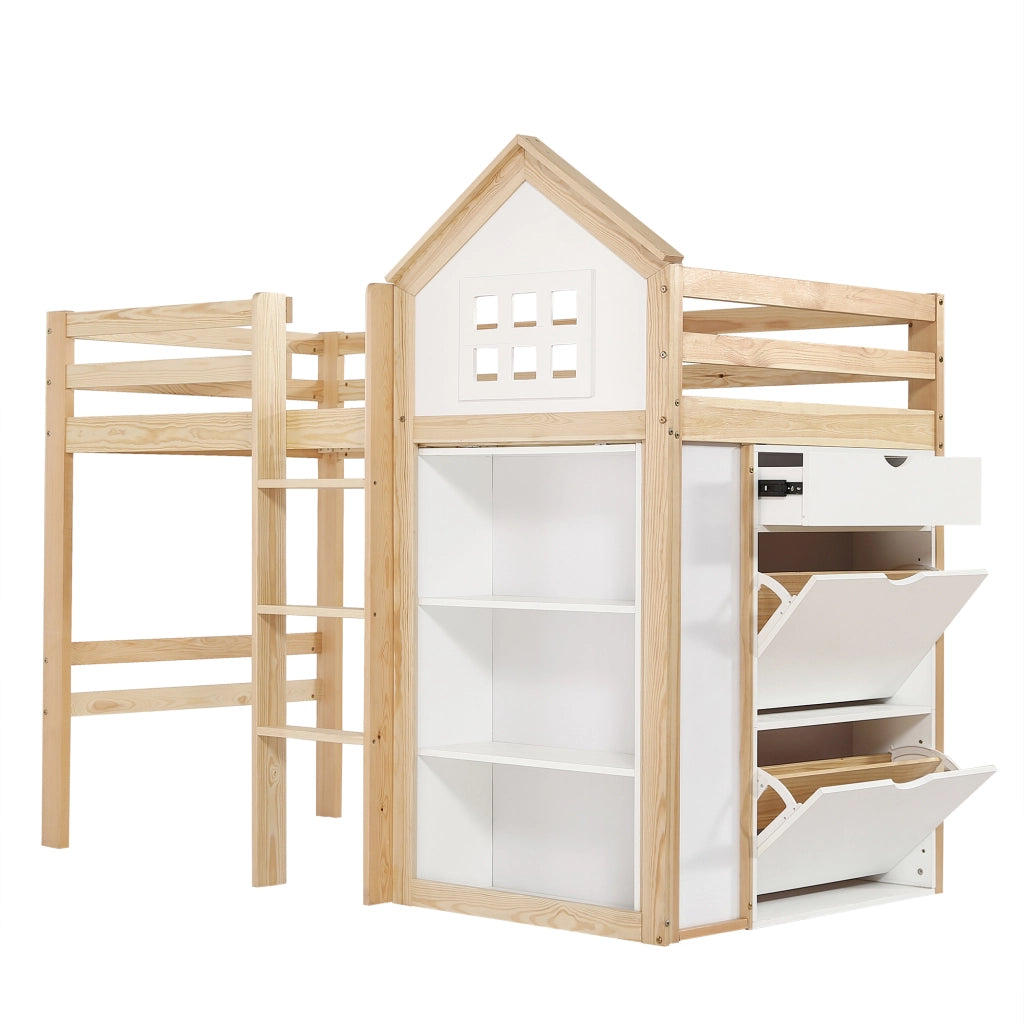 Letto a soppalco 90x200 cm, letto per bambini, con scaffale, cassetti, sponde di sicurezza, a forma di casetta, bianco e color legno