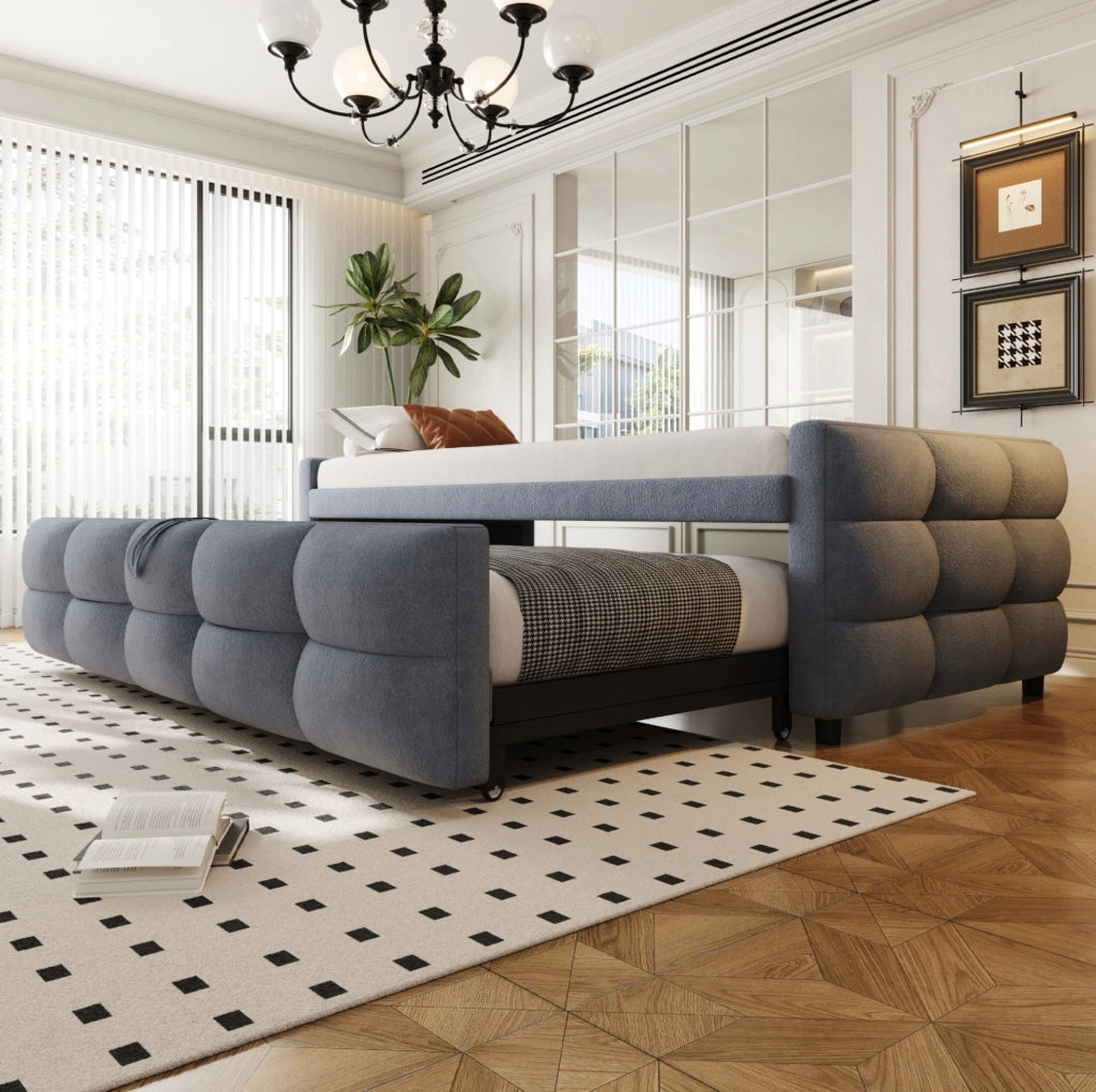 Letto imbottito estraibile 90/180x190 cm in teddy grigio con rete a doghe