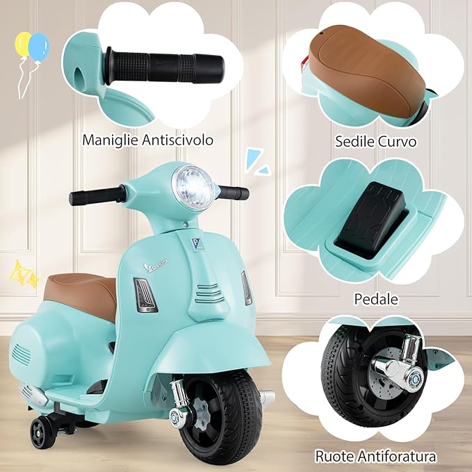 Moto Elettrica per Bambini, 6V Mini Moto per Bambini 18-36 Mesi, con Licenza Ufficiale Vespa, con Luci a LED e Suoni di Clacson, Portata 25 kg, 2 Ruote di Allenamento, 2,5 km/h (Blu)