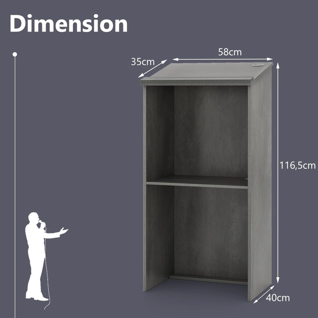 GIANTEX Podio per oratori in legno, leggio da terra con ripiano di stoccaggio e fori per cavi, pulpito per chiesa, aule, seminario, 58 x 40 x 117 cm (grigio)