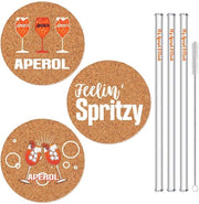 Set di Regali Aperol, Complesso di 6 Accessori per Aperol Spritz con 3 Sostegni Aperol Rondi 10cm e 3 Steli di Rieto per Aperol, Set di Regali per Uomini, Donne, Collega, Amici, Appassionati di Aperol (Acciaio Inox)