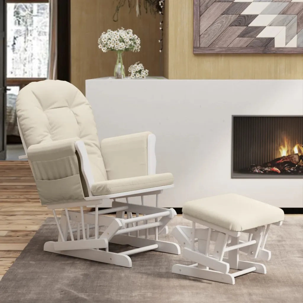 Poltrona | Sedia Relax Glider con Sgabello Bianco Crema in Tessuto