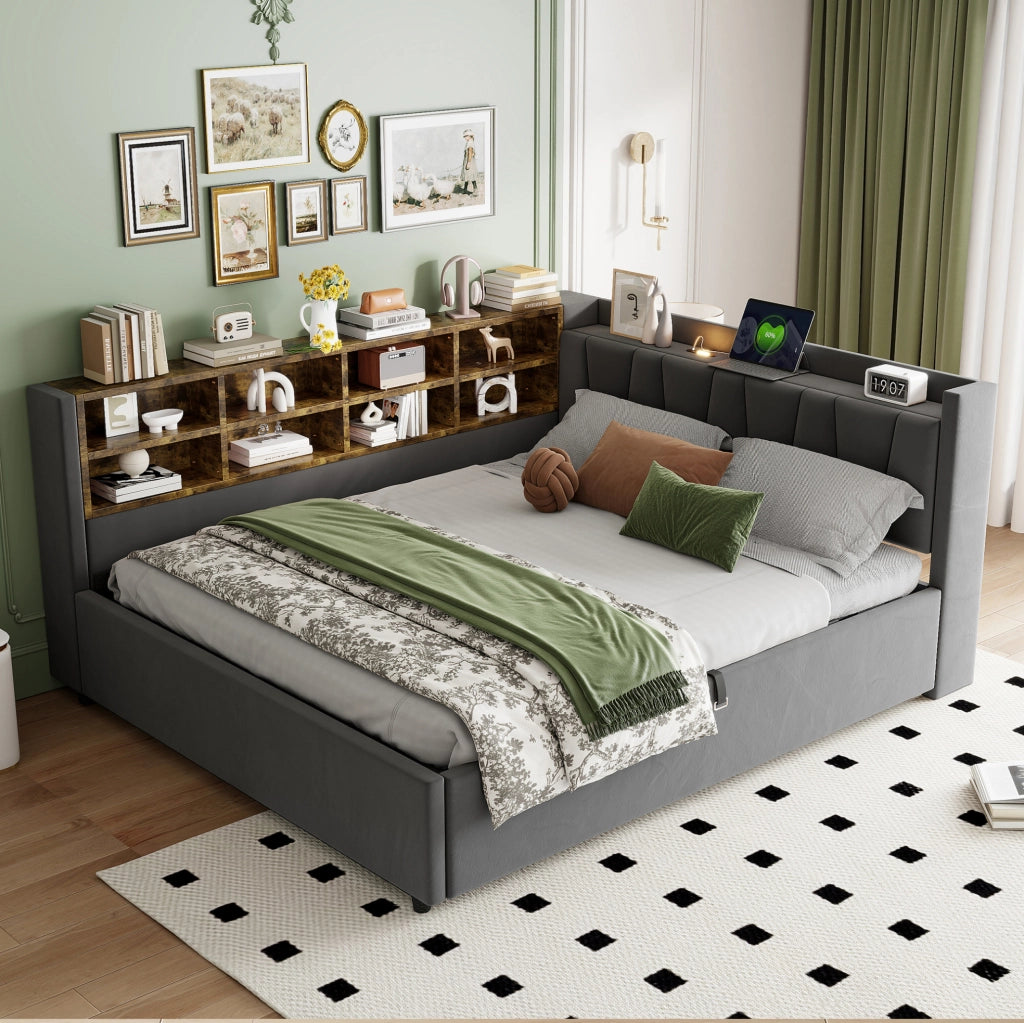 Letto imbottito multifunzionale 140x200 cm in velluto grigio con contenitore; luci e porte USB/Type-C