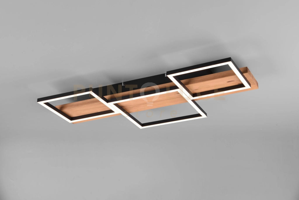 HARPER PLAFONIERA LED 30W 4000lm, 3000K LEGNO NATURALE E METALLO NERO 3 QUADRATI CON REGOLAZIONE INTENSITA' CON NORMALE INTERRUTTORE A PARETE L. 65CM