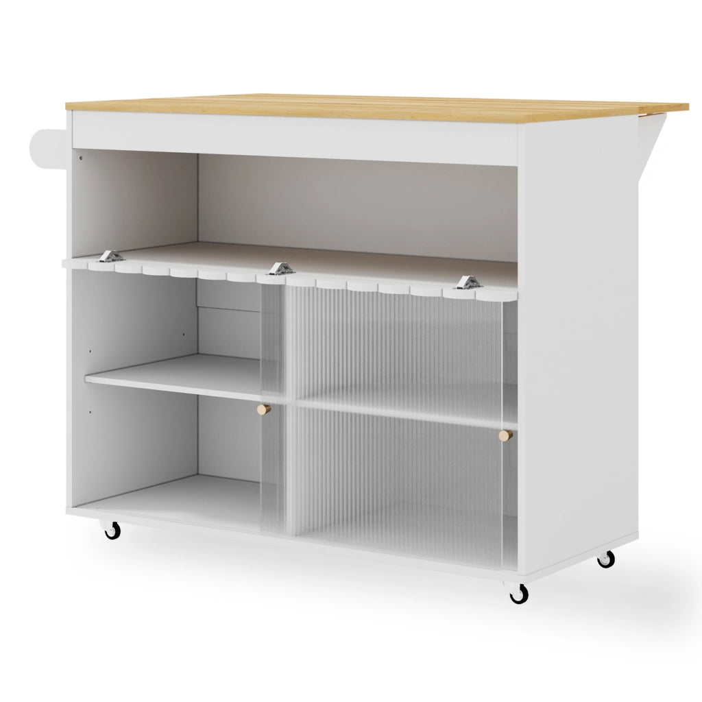Isola Cucina Mobile 122x46/69x91 cm Bianca e Rovere con Piano Ribaltabile, Vetro e 5 Ruote