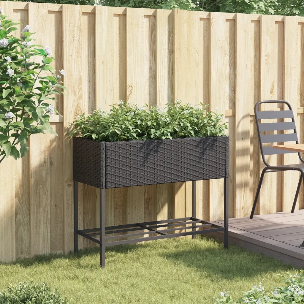 Fioriera | Cassetta per fiori | Vaso da Giardino con Ripiano Nera in Polyrattan