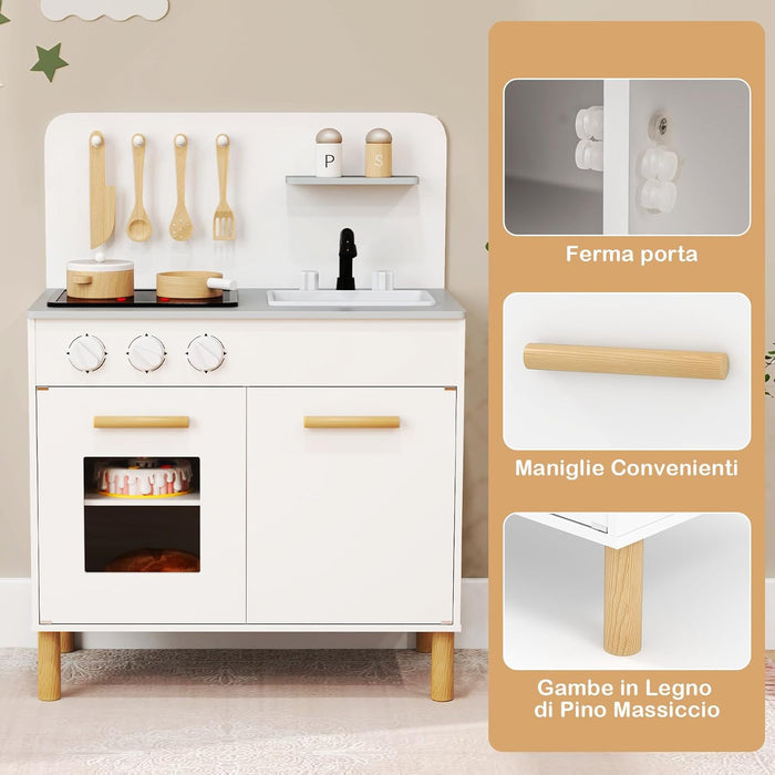 Cucina Giocattolo con Fornelli a Suoni e Luci Reali, Cucina per Bambini in Legno con Lavandelo Estrabile, Rubinetto e Forno, Set Cucina con 11 Accessori, 55 x 31 x 75 cm (Bianco)