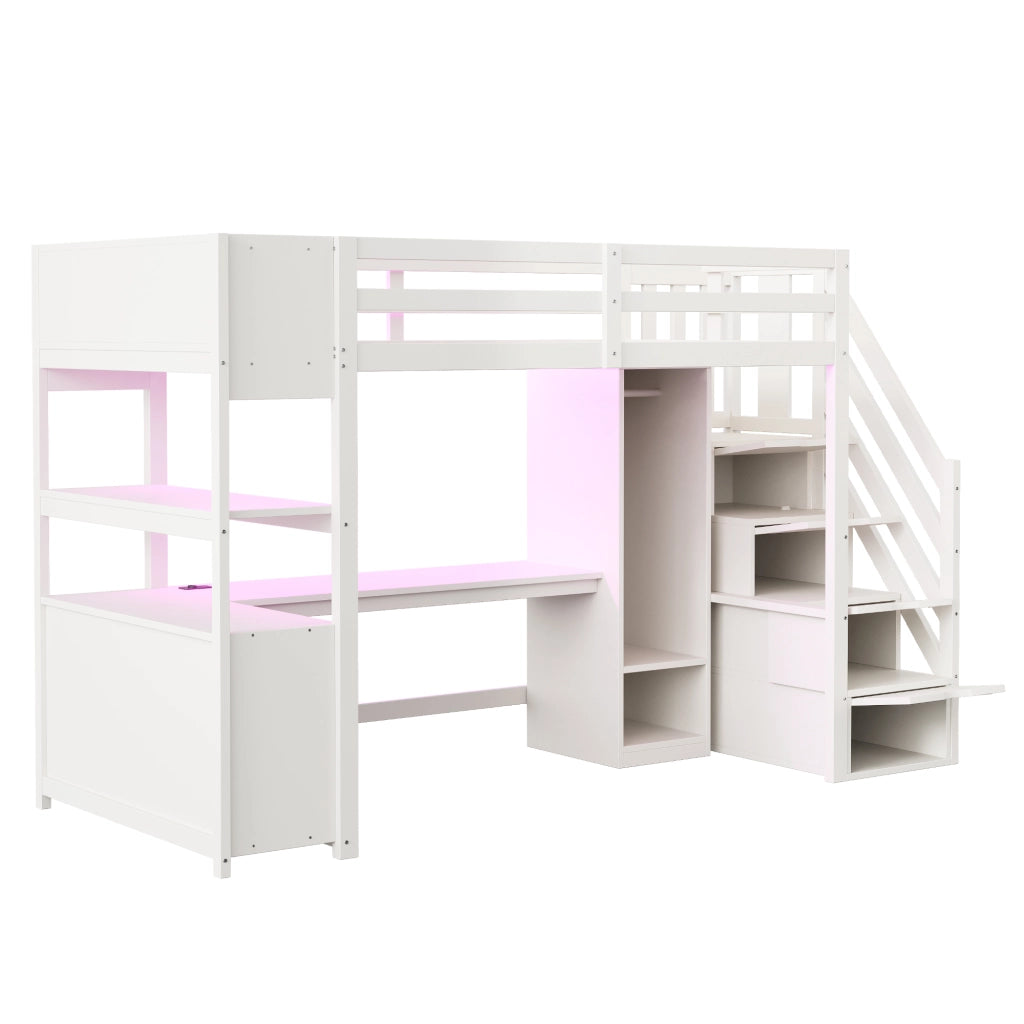 OKWISH Letto a soppalco 90×200 cm, Letto Singolo con Scrivania, Armadio, LED Multicolore, Prese e Mensole, senza Materasso, Bianco