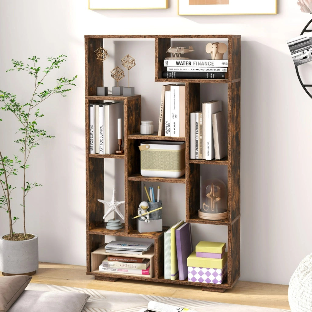Scaffale per libri alto 120cm con ripiani aperti-Libreria geometrica con kit anti-ribaltamento per casa ufficio Marrone