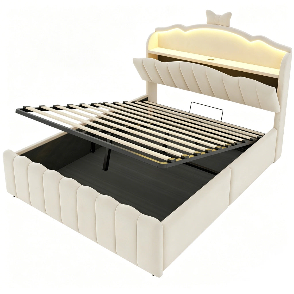 Letto imbottito ULEVR 140x200 cm beige con contenitore idraulico, LED multicolore, USB e USB-C