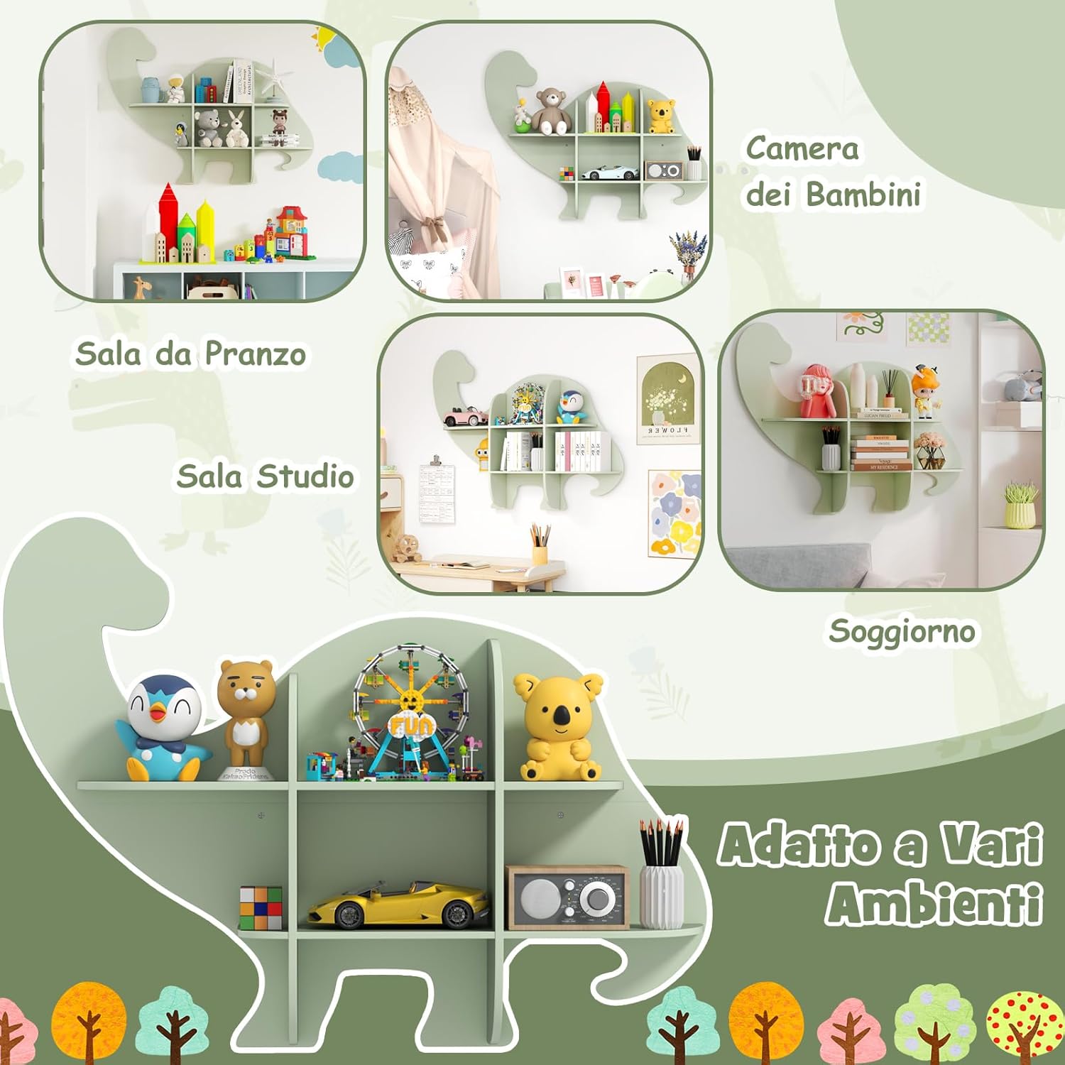 Libreria da Parete per Bambini a Forma di Dinosauro, Mensola a 2 Ripiani in Legno da Appendere, Scaffale da Parete per Camera dei Bambini Camera da Gioco Asilo, 105,5x16x78,5 cm