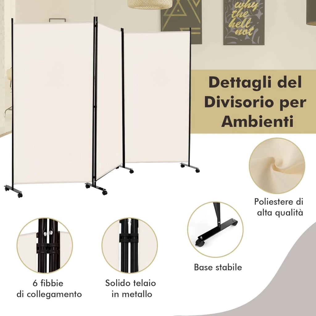 Paravento da Interno in Metallo, Separé Divisorio Interno Pieghevole con Piedini Stabili, Pannelli Divisori per Interni per Casa e Ufficio (Beige, 262 x 180 cm (3 Pannelli con ruote))