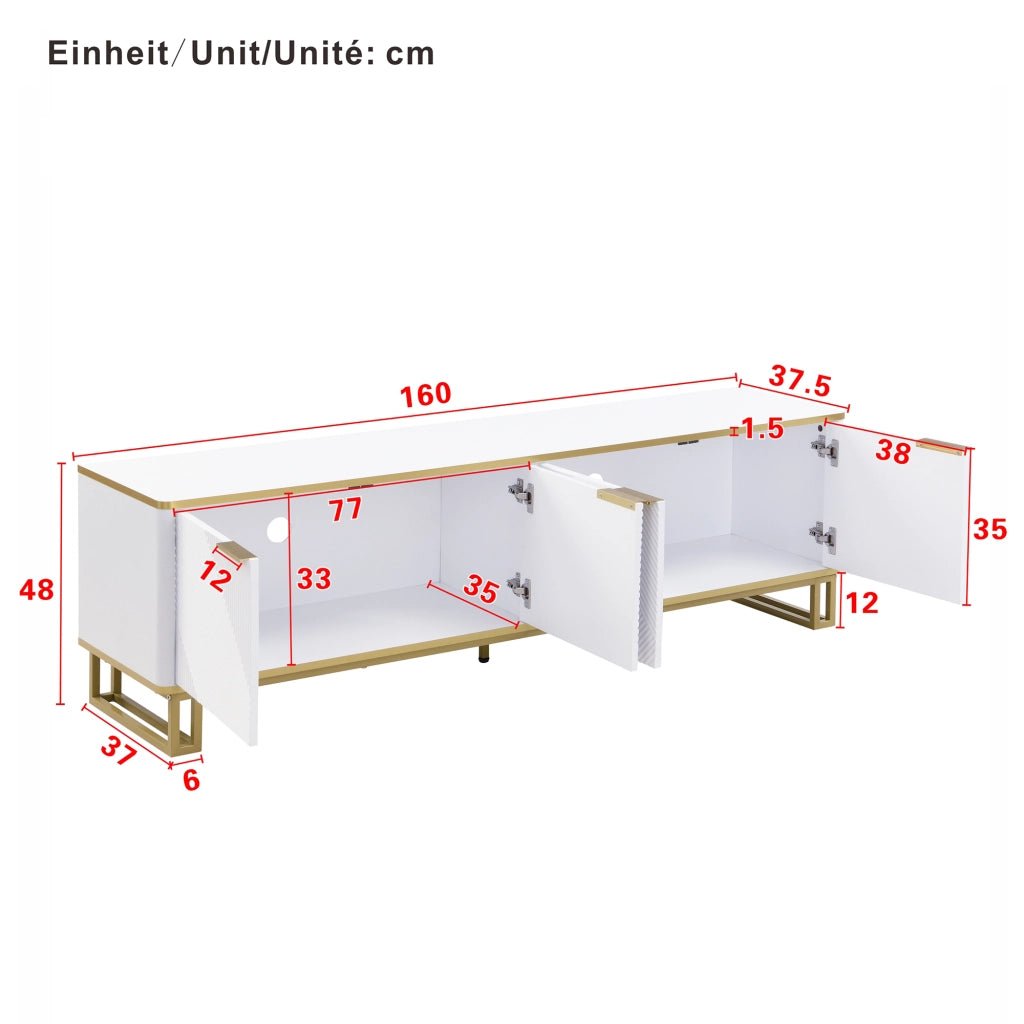 OKWISH Mobile TV con 4 Ante, Passacavi e Vano Aperto, Motivo Geometrico, per Soggiorno, MDF, Bianco, 160×37,5×48 cm