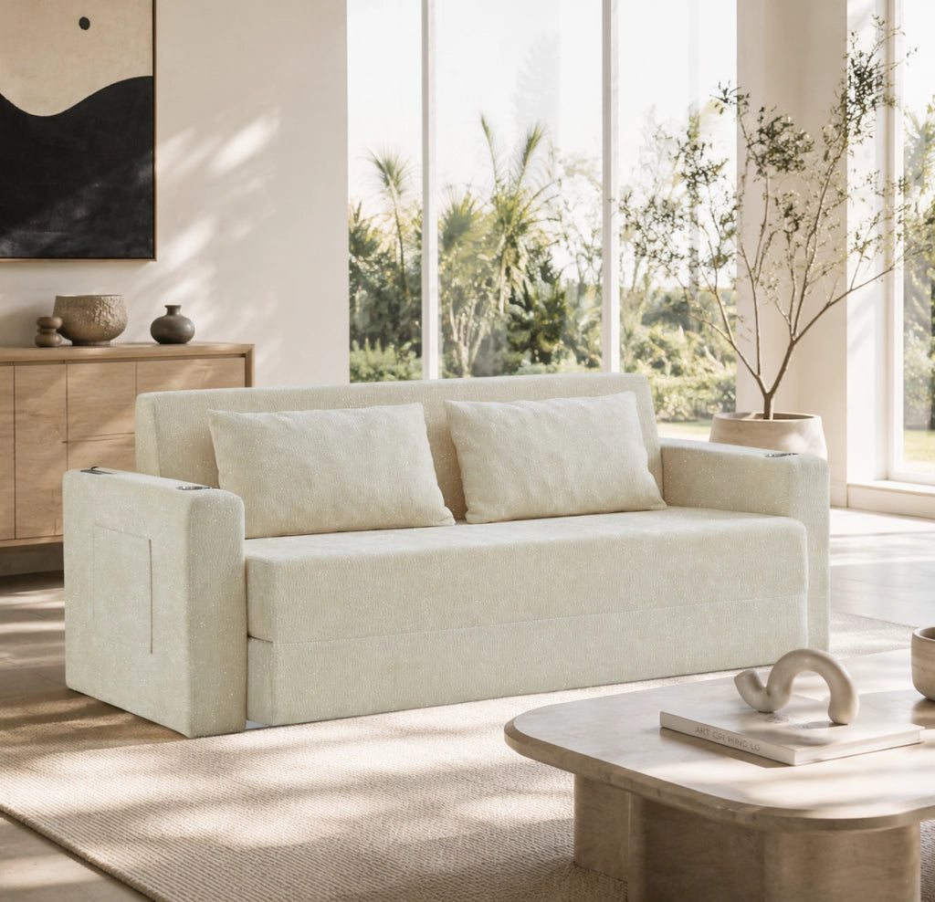 Divano letto 2 posti 153x77x65 cm beige in ciniglia con USB e 2 cuscini