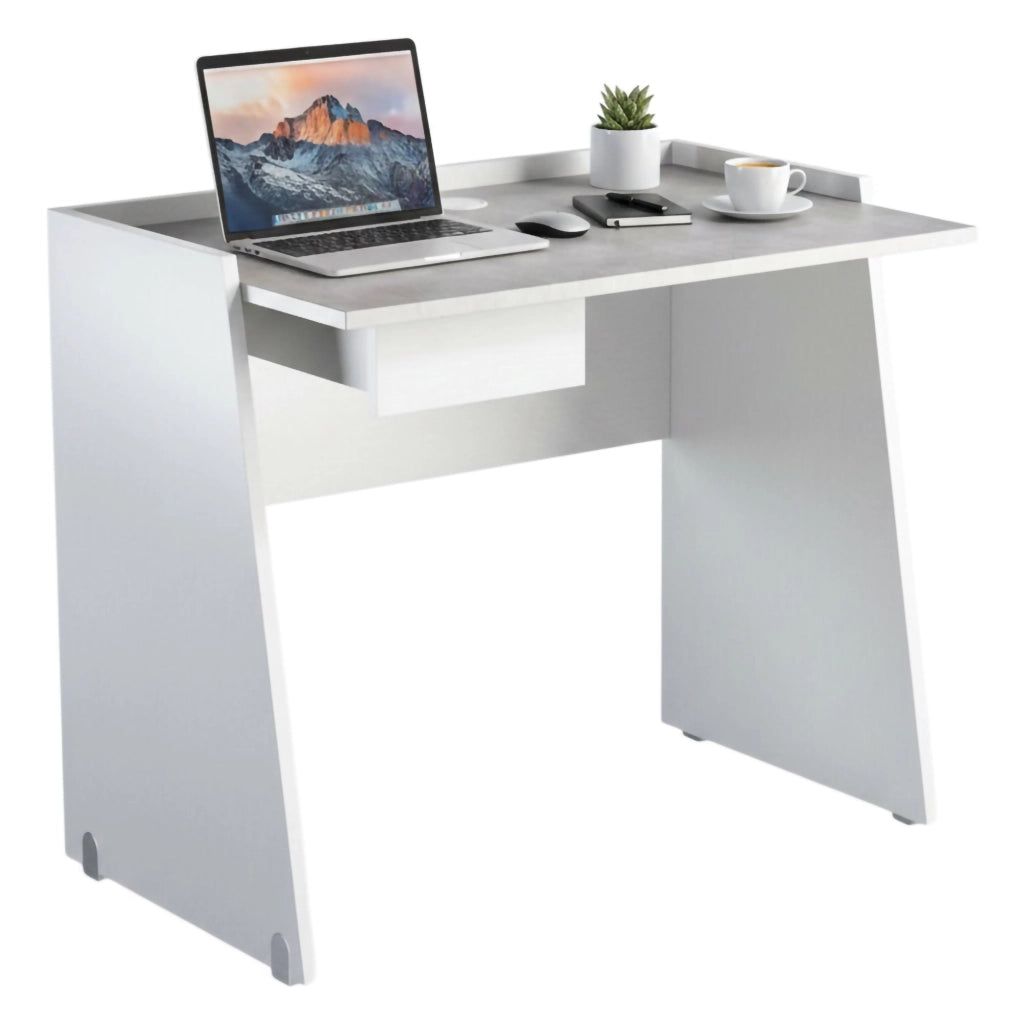 Scrivania Abulele, Scrittoio moderno con cassetto, Tavolo da studio o ufficio porta PC portalibri, Made in Italy, Cm 90x60h80, Bianco e Cemento
