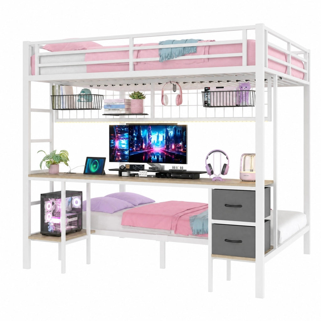 Hochbett in metallo con scrivania, cassetti, ripiani, griglia portasoggetti e LED USB, 140x200 cm, bianco