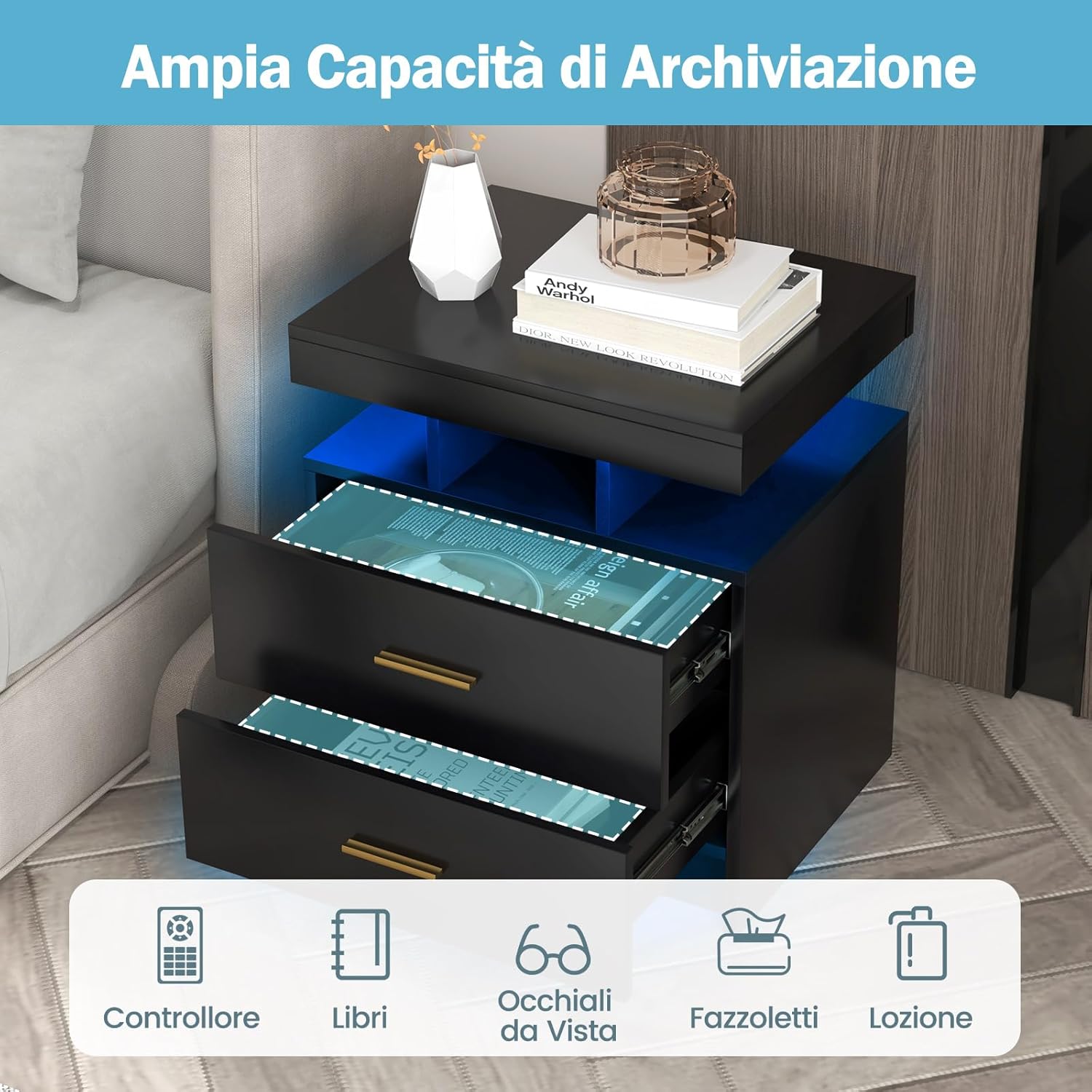 Comodino con Luci LED 50x40x58cm, Tavolino Camera da Letto Moderno con 2 Cassetti, Mobile Cameratta con Telecomando per Soggiorno e Ufficio (Nero)