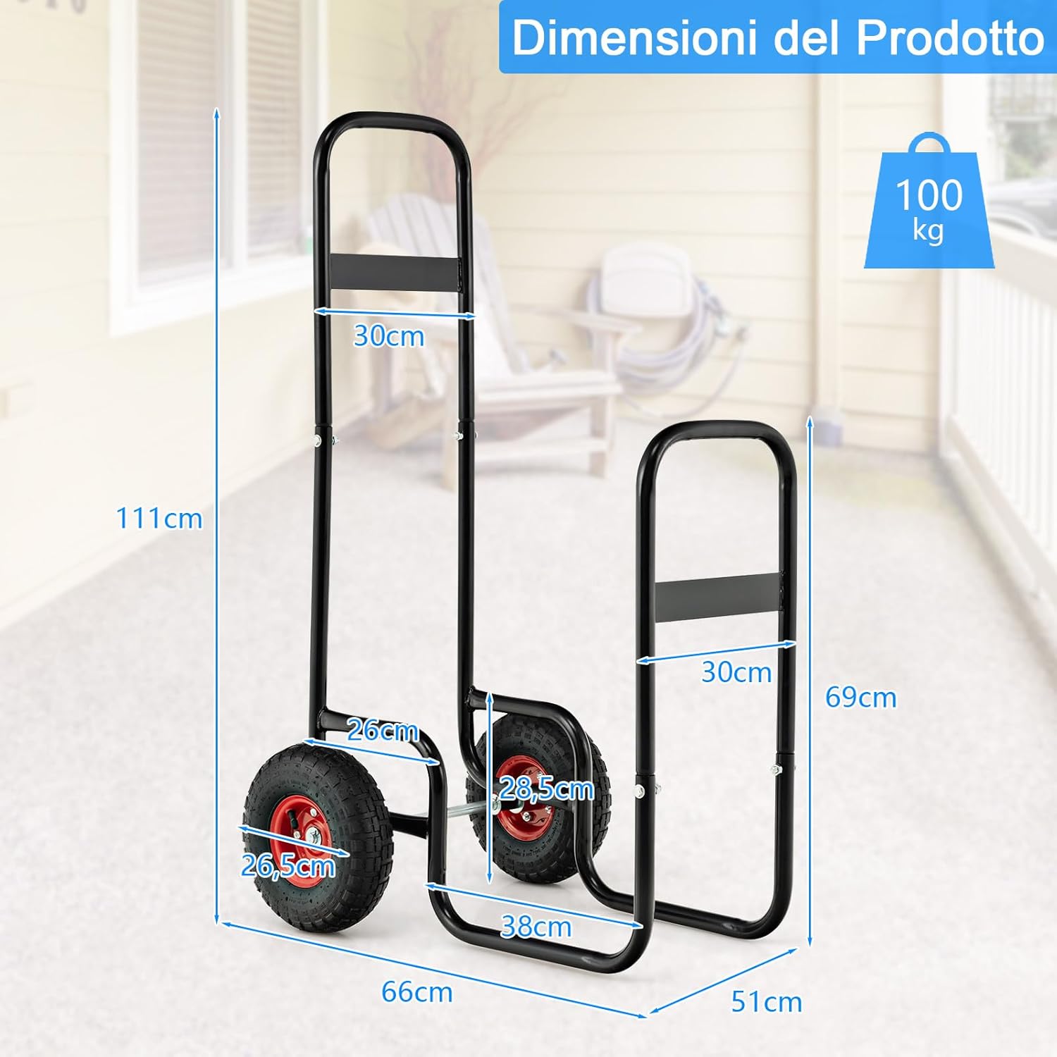 Porta Legna da Ardere, Carrello Portalegna da Ardere con Ruote in Gomma Antiusura e Antiurto, Carrello Porta Legna per Esterni e Interni, Portata 100 kg, 66 x 51 x 111 cm